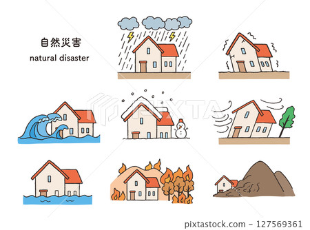 Hand-drawn illustration set of various natural disasters (color) Hand-drawn illustration set of various natural disasters (color) 127569361