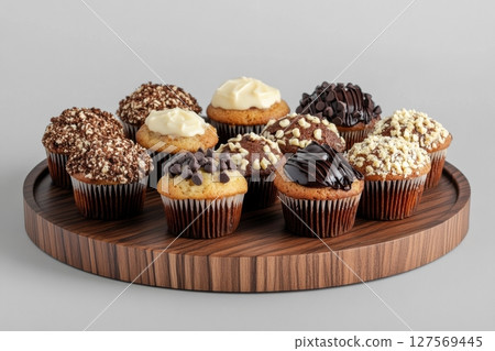Assorted muffins with various toppings like chocolate chips, frosting, and crumble, arranged on a wooden tray. Perfect for bakery ads, dessert menus, food blogs, or promotional sweet-themed content 127569445