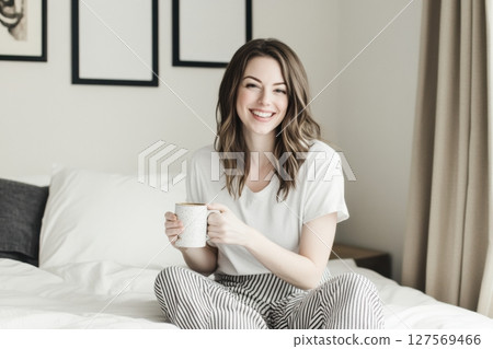 Smiling young woman sitting on a bed in a cozy bedroom, holding a speckled ceramic mug. Bright natural light, minimalistic decor, and soft tones create a warm and relaxed atmosphere. Copy space Smiling young woman sitting on a bed in a cozy bedroom, holding a speckled ceramic mug. Bright natural light, minimalistic decor, and soft tones create a warm and relaxed atmosphere. Copy space 127569466