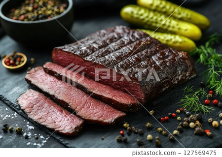 Close-up of fresh raw beef slices on white plate with coarse pepper and sprigs of thyme. Bowl of sliced pickles on the side. Juicy marbling, natural light, rustic table surface. Banner. 127569475