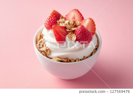 Close-up of frozen yogurt topped with fresh strawberry slices and crunchy granola. Bright pink background enhances the dessert's freshness and vibrant colors. Ideal for ads and food concepts 127569476