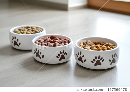 Top view of three ceramic bowls filled with colorful dry cat food placed on wooden floor. Sunlight from window creates cozy pet-friendly vibe. Clean, warm setting. Copy space. Banner 127569478