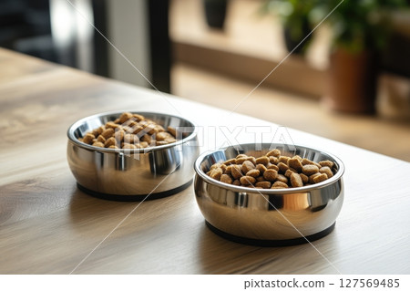 Close-up of two shiny stainless steel bowls filled with dry pet food on rustic wooden table. Minimalist composition. Natural light reflections. Ideal for advertising premium pet nutrition. Banner 127569485