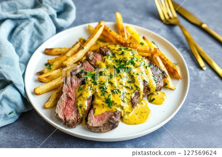 Juicy sliced steak with golden French fries, topped with creamy herb sauce and garnished with fresh parsley. Delicious gourmet dish on a white plate, perfect for menus, restaurants, or food ads. 127569624