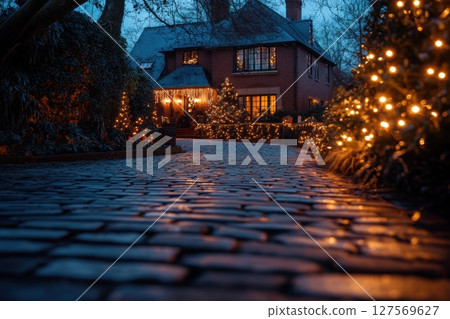 Traditional brick house lit with soft golden Christmas lights. Elegant architecture, festive mood, magical winter evening atmosphere. Ideal for seasonal, real estate or lifestyle content. Banner 127569627