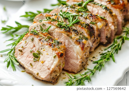 Juicy slices of oven-roasted pork tenderloin seasoned with herbs and garnished with fresh rosemary. Close-up of homemade dish on a white plate, perfect for food blogs and recipe websites. Copy space 127569642