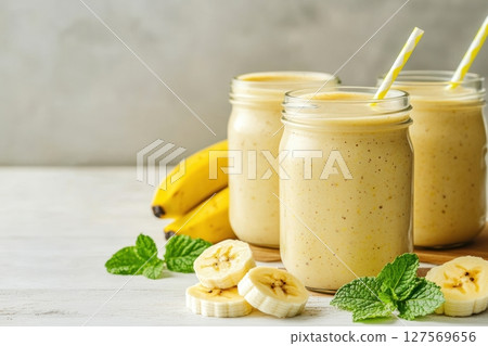 Refreshing banana smoothie in glass jars with striped straws and banana slices on rustic wooden table. Natural light, healthy drink concept, fresh and minimal composition. healthy eating. Banner 127569656
