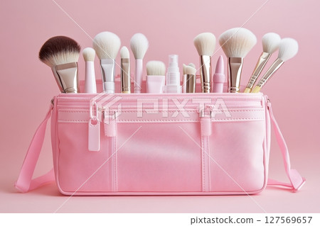 Stylish set of professional makeup brushes and cosmetic products in pink leather pouch on pastel background. Perfect for beauty ads, cosmetics blogs, product packaging and social media content. 127569657
