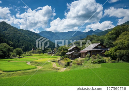 日本里山的美麗風景（鄉村、旅行、背景） 127569736