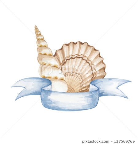 Hand-painted watercolor composition with seashells and a blue ribbon. The illustration is isolated on a white background. A marine template for postcards, invitations, or memorable vacation photos. 127569769