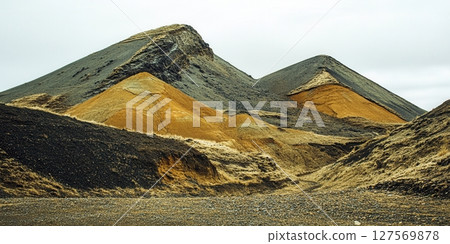Dramatic Volcanic Landscape Golden Hills Dark Mountains Iceland Nature Scenery rock view wild grey 127569878