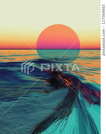 Abstract Ocean Sunset Artistic Teal Wave Design Modern Digital Painting Vibrant Colors Summer 127569983