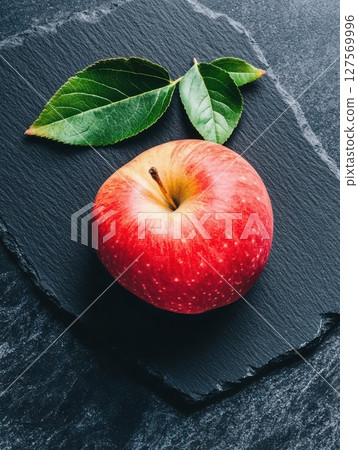 Red Apple on Dark Slate Background Fresh Fruit Photography Still Life Image food ripe diet leaf high 127569996