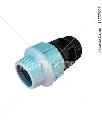 Plastic coupling with external thread for pipes on white background Plastic coupling with external thread for pipes on white background 127570084