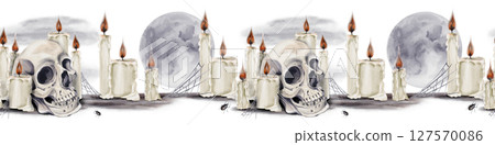 Seamless border with skulls and candles. Magic ritual. Full moon. Candles are intertwined with a web. Bugs are crawling on the ground. Watercolor illustration. Hand drawing. High quality illustration Seamless border with skulls and candles. Magic ritual. Full moon. Candles are intertwined with a web. Bugs are crawling on the ground. Watercolor illustration. Hand drawing. High quality illustration 127570086