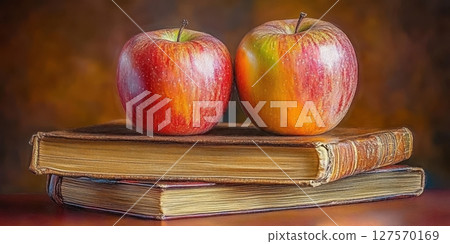 Two Red Apples Resting on Antique Books Still Life Photography Education Knowledge old food ripe 127570169