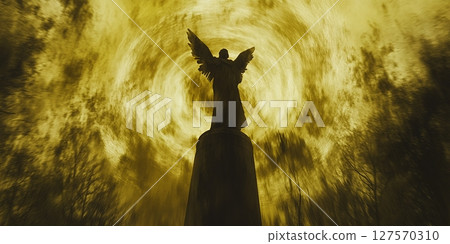 Angel Statue Silhouette Golden Sky Dramatic Artwork Peaceful Spiritual Divine Celestial Serene 127570310