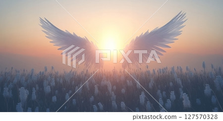 Serene Angel Wings Sunset Field Peaceful Sunrise Soft Light Dreamy Spiritual Sky Art Hope Pink Grace 127570328