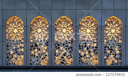 Elegant Islamic Architecture Illuminated Stone Panels Design art wall grid gray light decor motif 127570432