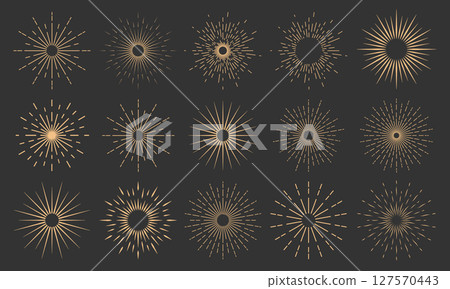 Vintage sunburst collection on a dark background. The radial rays of the setting sun. 127570443