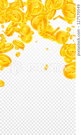 Indian rupee coins falling. Scattered gold INR Indian rupee coins falling. Scattered gold INR 127570549