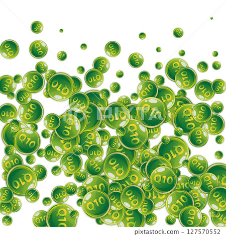 Vitamin Q10 round capsules scattered randomly. 127570552