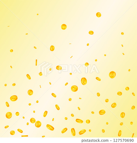 Indian rupee coins falling. Scattered gold INR 127570690