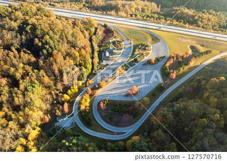 Beech Glenn Parking rest area in Appalachian mountains near busy I-26 American interstate freeway with fast moving cars and trucks. Recreational resting place during interstate traveling 127570716