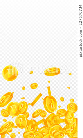 Russian ruble coins falling. Scattered gold RUB 127570734