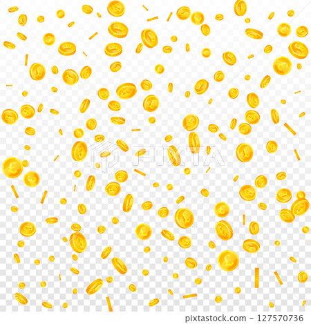 British pound coins falling. Scattered gold GBP British pound coins falling. Scattered gold GBP 127570736