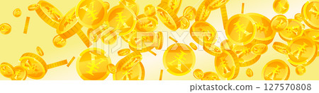 Chinese yuan coins falling. Scattered gold CNY Chinese yuan coins falling. Scattered gold CNY 127570808