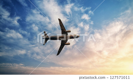 Airplane in the sky. Airplane in flight at sunset or evening sky. Commercial airliner silhouette in the colorful evening or night moon skies. Aircraft symbol of travel adventure global connectivity. Airplane in the sky. Airplane in flight at sunset or evening sky. Commercial airliner silhouette in the colorful evening or night moon skies. Aircraft symbol of travel adventure global connectivity. 127571011