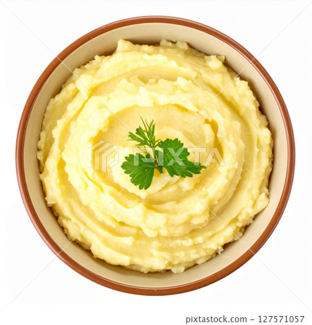 Creamy Mashed Potatoes in Brown Bowl,Overhead Shot 127571057