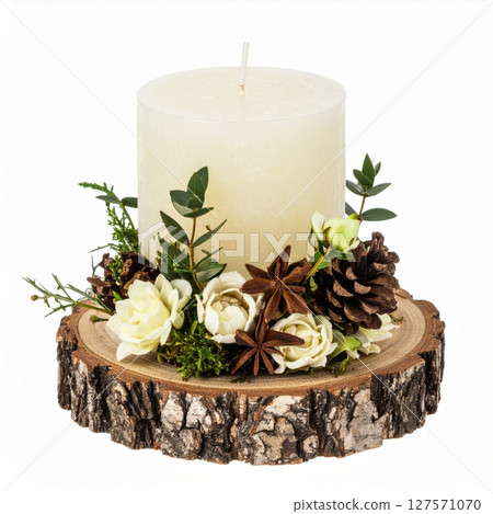 Ivory Pillar Candle with Rustic Floral Arrangement 127571070