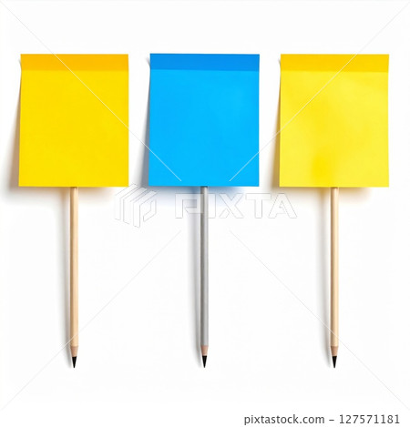Blank Yellow and Blue Sticky Notes with Pencils on White Background 127571181