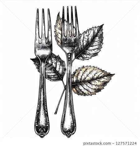 Two Silver Forks with Autumn Leaves Illustration 127571224