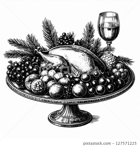 Monochrome Illustration of Roast Turkey with Fruit and Wine 127571225