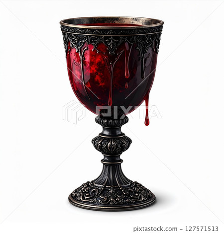 Ornate Black Goblet Filled with Red Liquid Dripping 127571513