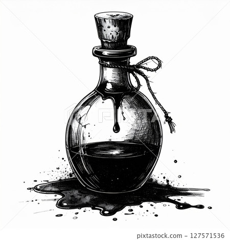 Monochrome Illustration of Antique Glass Potion Bottle 127571536