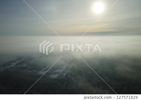 Aerial view of snow covered white forest with frozen trees in cold winter. Dense wild woodland in wintertime 127571829