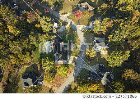 Aerial view of new family houses between yellow trees in South Carolina suburban area in fall season. Real estate development in american suburbs Aerial view of new family houses between yellow trees in South Carolina suburban area in fall season. Real estate development in american suburbs 127571860