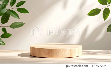 Round Wooden Product Display Platform with Green Leaves 127572040