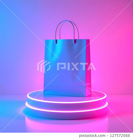 Blue Shopping Bag on Neon Pink and Blue Lit Platform 127572088