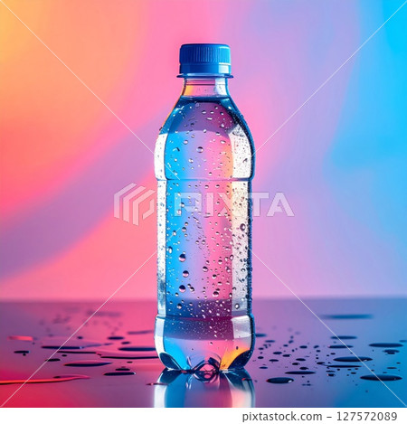 Water Bottle with Condensation on Neon Background 127572089