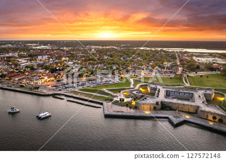 Aerial view of Castillo de San Marcos in St Augustine, Florida at sunset. USA travel destination Aerial view of Castillo de San Marcos in St Augustine, Florida at sunset. USA travel destination 127572148