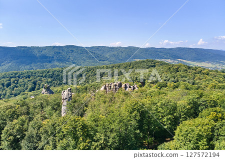 Aerial view of bright landscape with green forest trees and big rocky boulders between dense woods in summer. Beautiful scenery of wild woodland. Aerial view of bright landscape with green forest trees and big rocky boulders between dense woods in summer. Beautiful scenery of wild woodland. 127572194