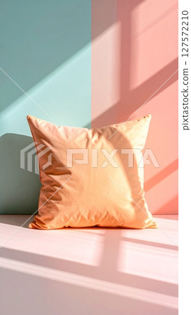 Peach Colored Pillow on Pastel Wall with Sunlight 127572210