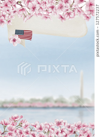 Cherry Blossom Festival in Washington DC. Jefferson Memorial during sakura.Lake with pink trees in the background. Postcard or template background. Watercolor illustration. Hand drawing. High quality Cherry Blossom Festival in Washington DC. Jefferson Memorial during sakura.Lake with pink trees in the background. Postcard or template background. Watercolor illustration. Hand drawing. High quality 127572237