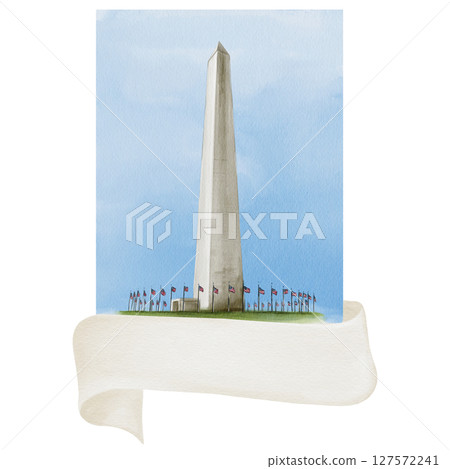 Washington Monument. Flag Day. Landmark of the US capital. Watercolor illustration. Hand drawing. Postcard or poster. Souvenir for a tourist. High quality illustration 127572241