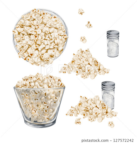 Popcorn in a glass plate. Salt in a glass jar. A pile of spilled popcorn. Set with snack. Watercolor illustration without background. Hand drawing. High quality illustration Popcorn in a glass plate. Salt in a glass jar. A pile of spilled popcorn. Set with snack. Watercolor illustration without background. Hand drawing. High quality illustration 127572242